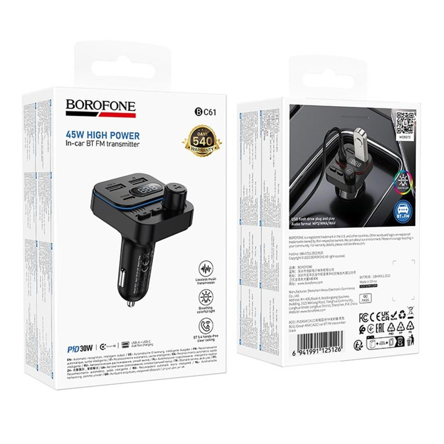 FM-трансмітер BC61 USB-C PD30W+USB 15W Total 45W Чорний