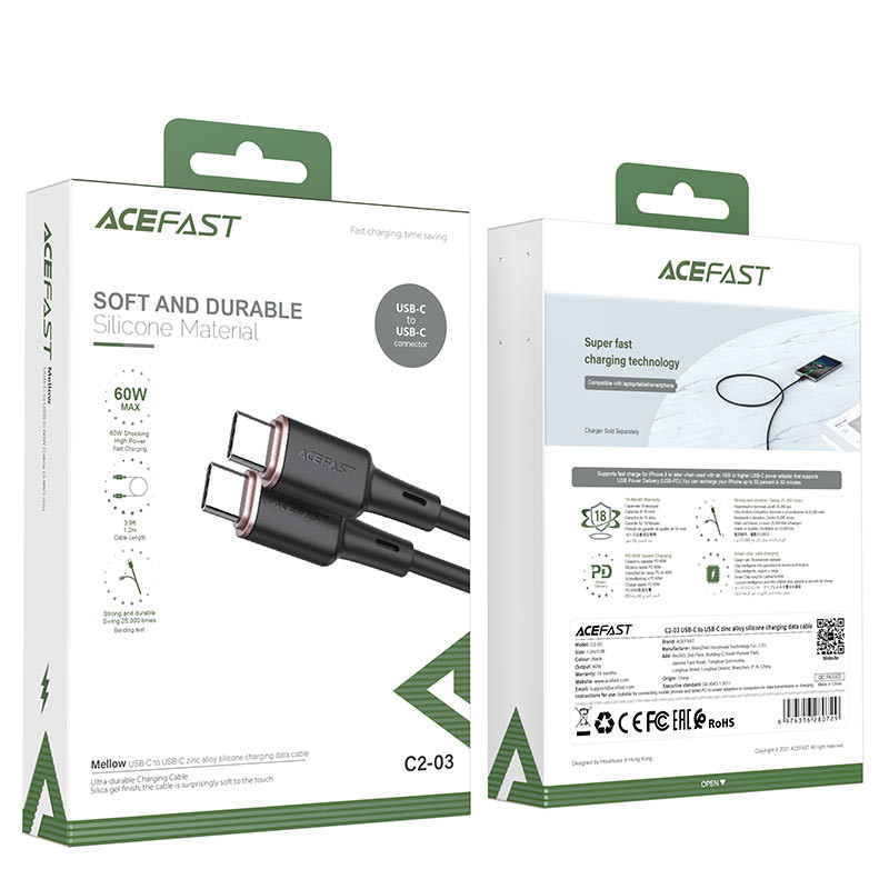 Кабель ACEFAST C2-03 Type-C to Type-C 3A, 60W, 1.2m, silicone, zinc connectors, Black (6974316280729) Кабель ACEFAST C2-03 Type-C to Type-C 3A, 60W, 1.2m, silicone, zinc connectors, Black (6974316280729)