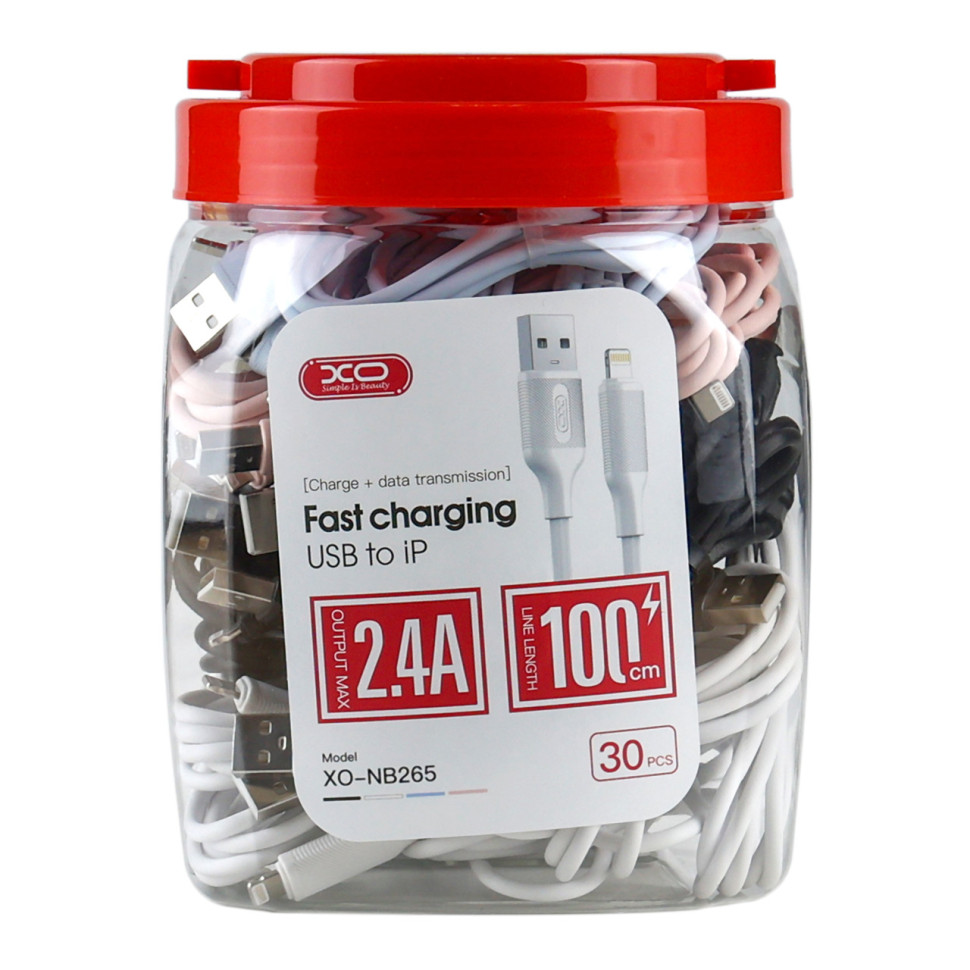 Кабель USB XO-NB265 Lightning 2.4A (30pcs/bottle) Чорний/Білий/Блакитний/Рожевий