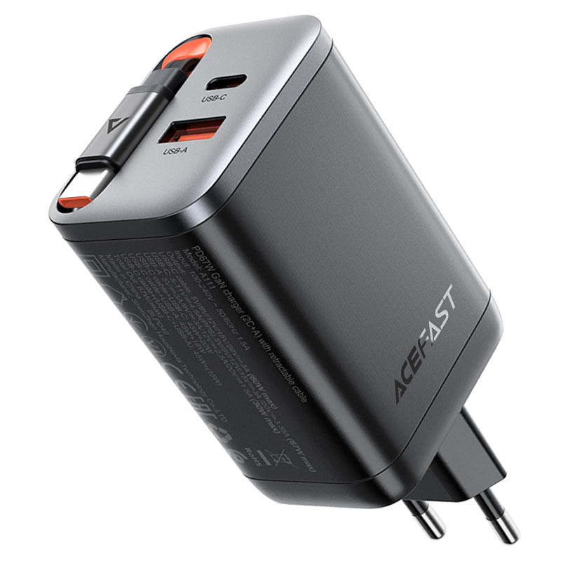 Мережевий зарядний пристрій з кабелем ACEFAST A111 PD67W GaN charger(2*USB-C+USB-A) with retractable cable Black (6974316284062) Мережевий зарядний пристрій з кабелем ACEFAST A111 PD67W GaN charger(2*USB-C+USB-A) with retractable cable Black (6974316284062)