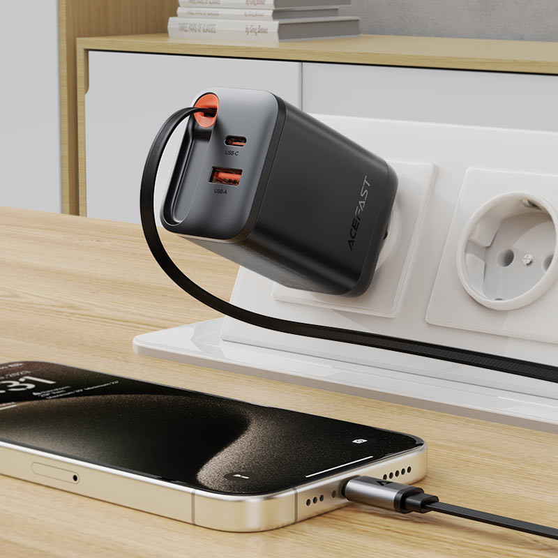 Мережевий зарядний пристрій з кабелем ACEFAST A111 PD67W GaN charger(2*USB-C+USB-A) with retractable cable Black (6974316284062) Мережевий зарядний пристрій з кабелем ACEFAST A111 PD67W GaN charger(2*USB-C+USB-A) with retractable cable Black (6974316284062)