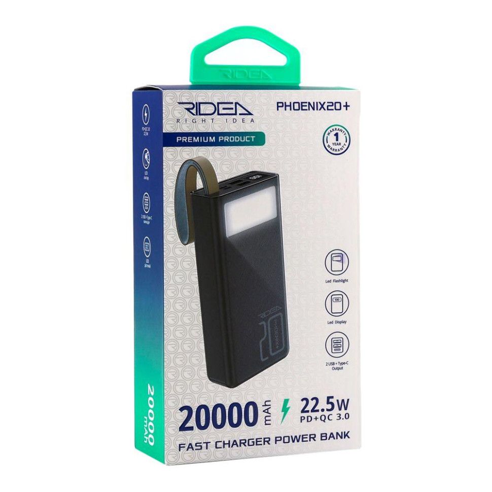 Универсальная Мобильная Батарея Power Bank Ridea RP-D20L+ Phoenix20+ PD/QC 3.0 20W digital display + lamp 20000 mAh Цвет Черный