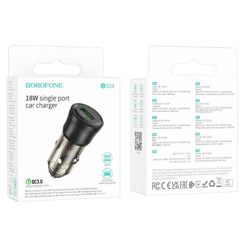 Автомобільний Зарядний Пристрій Borofone BZ23 1USB QC18W Колір Прозоро-чорний