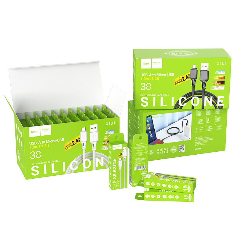 Кабель USB Hoco X101 Assistant Silicone Micro 2.4A 30шт. Колір Чорний