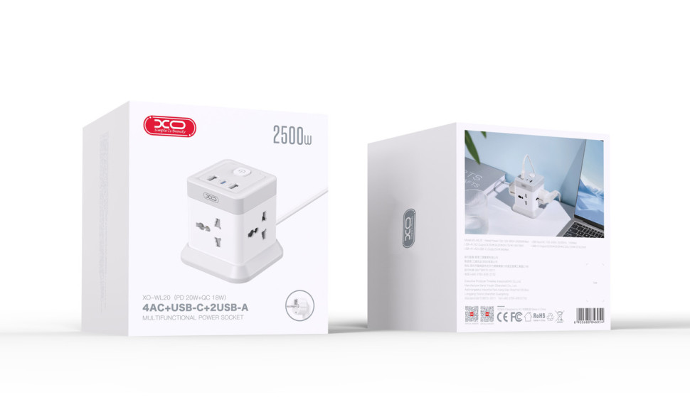 Мережевий Подовжувач XO WL20 Square 2USB-A / 1USB-C / 4-Sockets QC/PD20W 2m Бiлий