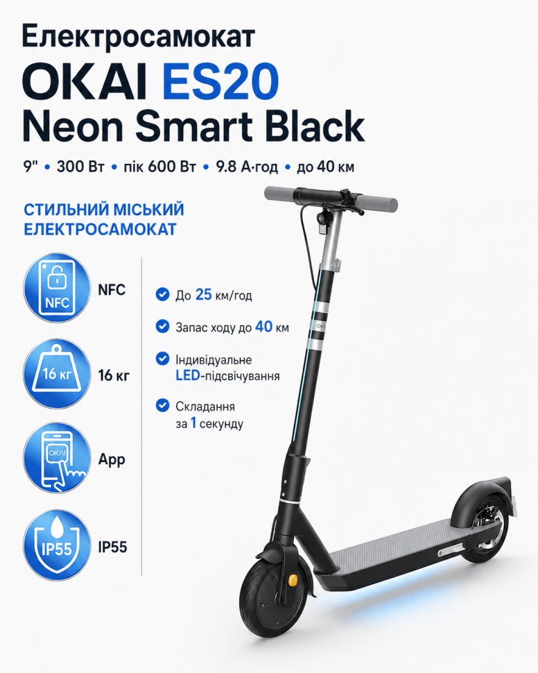 Електросамокат OKAI ES20 Neon Smart Black 9″, мотор 300 Вт, пікова потужність 600 Вт, акумулятор 9.8 А·год, запас ходу до 40 км