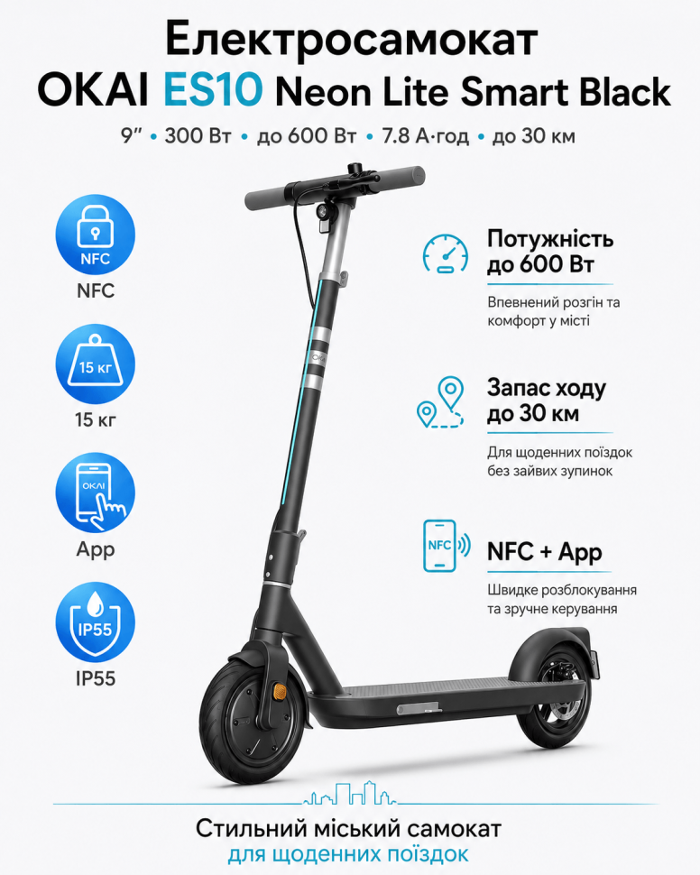 Електросамокат OKAI ES10 Neon Lite Smart Black 9″, мотор 300 Вт, пікова потужність 600 Вт, акумулятор 7.8 А·год, запас ходу до 30 км