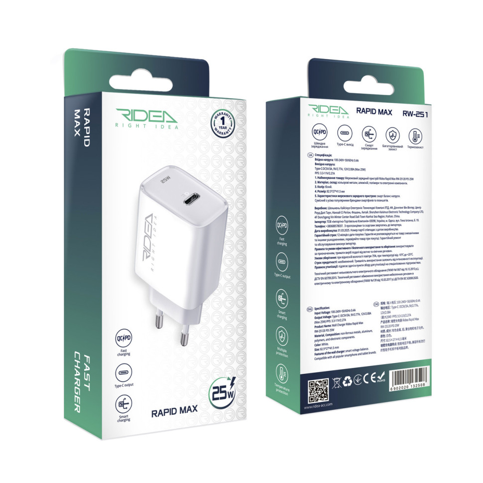 Мережевий Зарядний Пристрій Ridea RW-25120 Rapid Max 1USB-C QC/PD 25W Бiлий