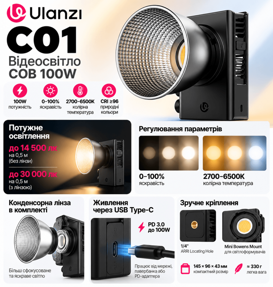 Відеосвітло Ulanzi C01 100W (портативне з конденсорною лінзою)