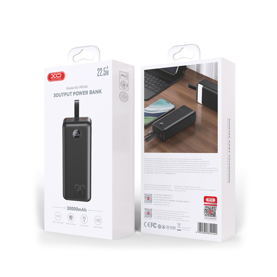 Универсальная Мобильная Батарея Power Bank XO PR240 QC22.5W PD20W digital display, with light, 30000 mAh Цвет Черный