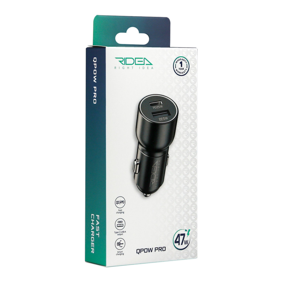 Автомобільний Зарядний Пристрій Ridea RCC-47110 QPow Pro 1USB/1USB-C PD/QC 47.5W Чорний