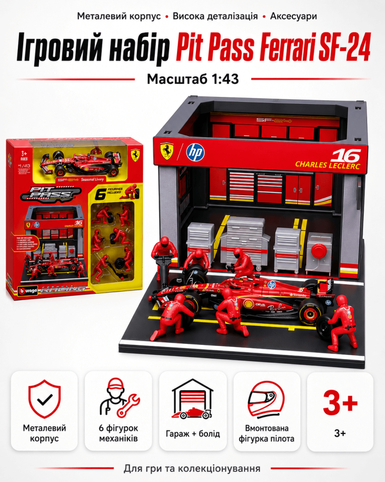 Ігровий набір Pit Pass Ferrari SF-24 (масштаб 1:43)