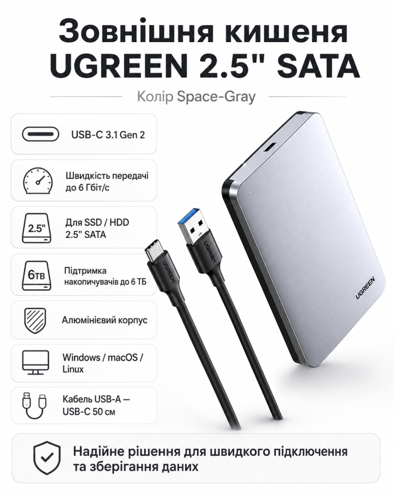 Зовнішня кишеня для накопичувача Ugreen 2.5-Inch Sata (колір Space-Gray)