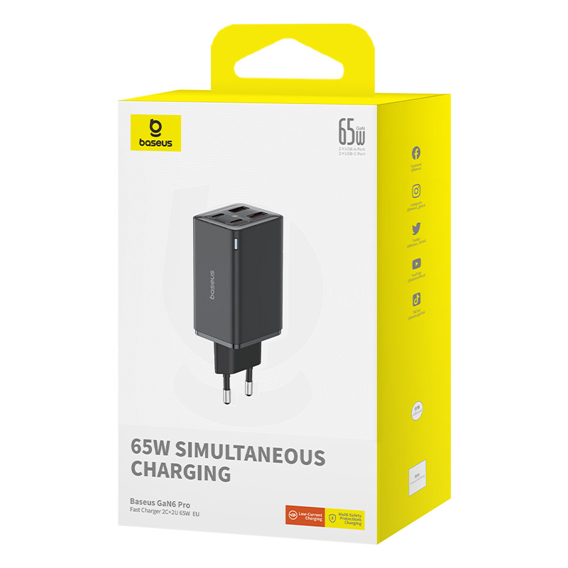 Мережевий зарядний пристрій Baseus GaN6 Pro Fast Charger 2C+2U 65W  EU Cluster Black((With:Mini White Cable Type-C to Type-C 100W(20V/5A) 1m Black） (P10162701113-00)