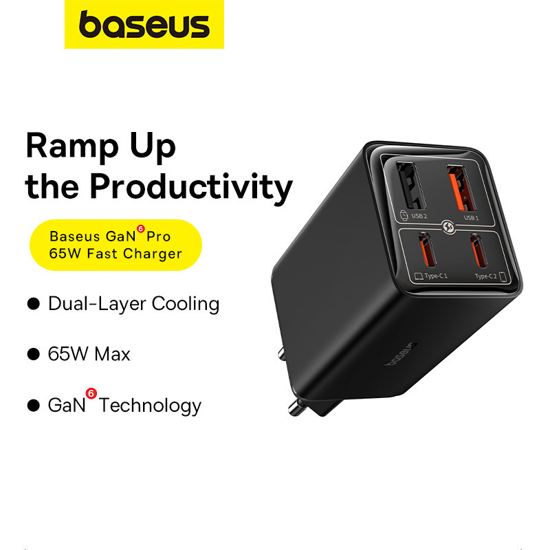 Мережевий зарядний пристрій Baseus GaN6 Pro Fast Charger 2C+2U 65W  EU Cluster Black((With:Mini White Cable Type-C to Type-C 100W(20V/5A) 1m Black） (P10162701113-00)