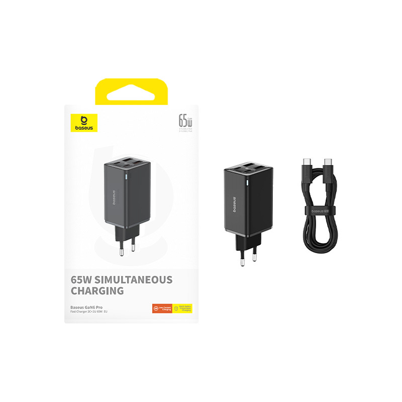 Мережевий зарядний пристрій Baseus GaN6 Pro Fast Charger 2C+2U 65W  EU Cluster Black((With:Mini White Cable Type-C to Type-C 100W(20V/5A) 1m Black） (P10162701113-00)