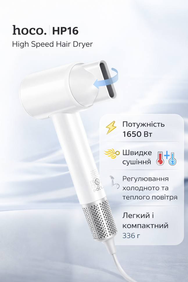 Фен дротовий Hoco HP16 (колір білий) (потужність 1650 Вт)