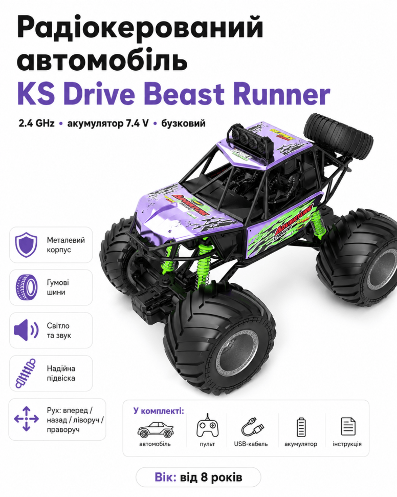 Радіокерований автомобіль KS Drive Beast Runner 2.4 GHz, акумулятор 7.4 V, бузковий