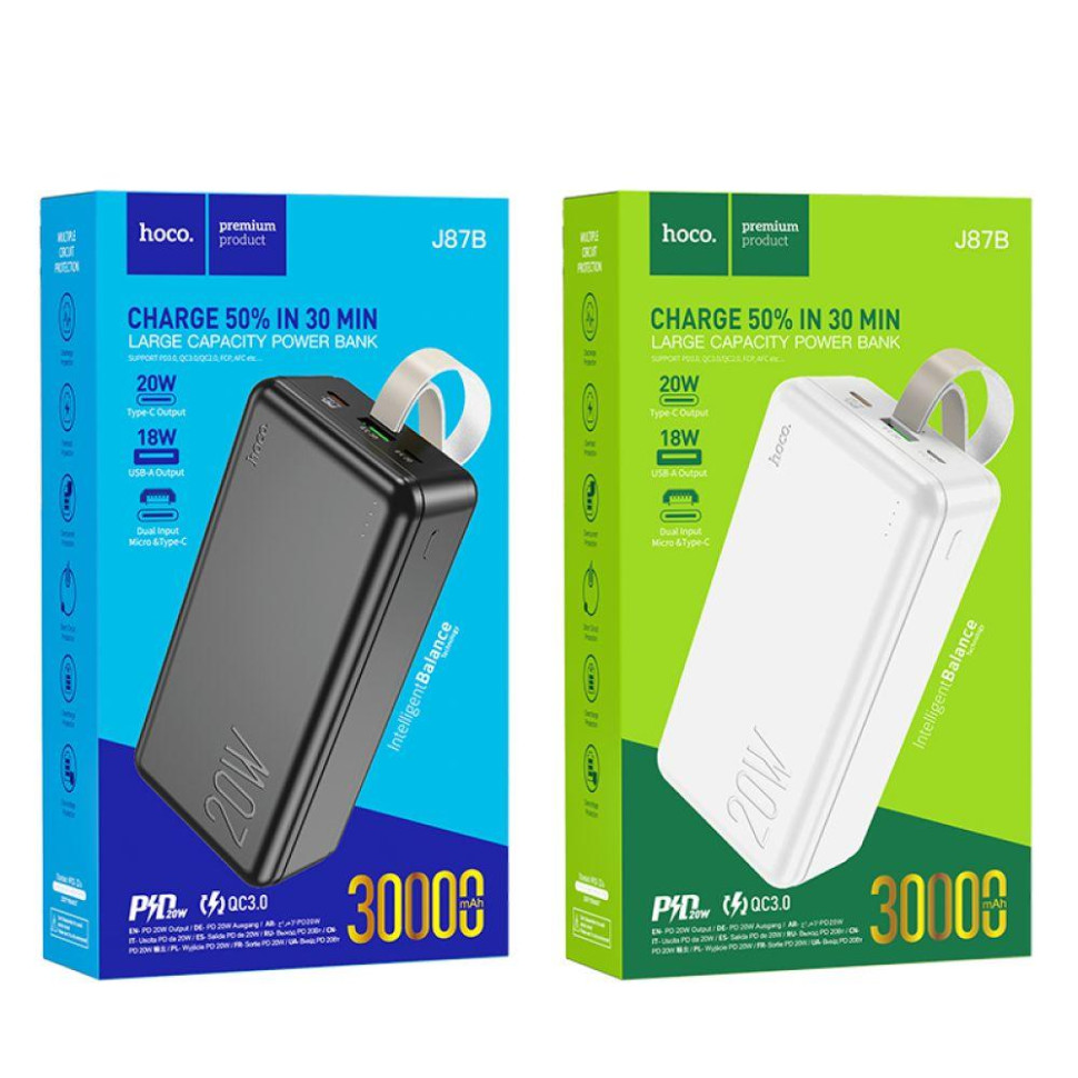 Универсальная Мобильная Батарея Power Bank Hoco J87B Tacker PD20W+QC3.0 30000 mAh Цвет Черный