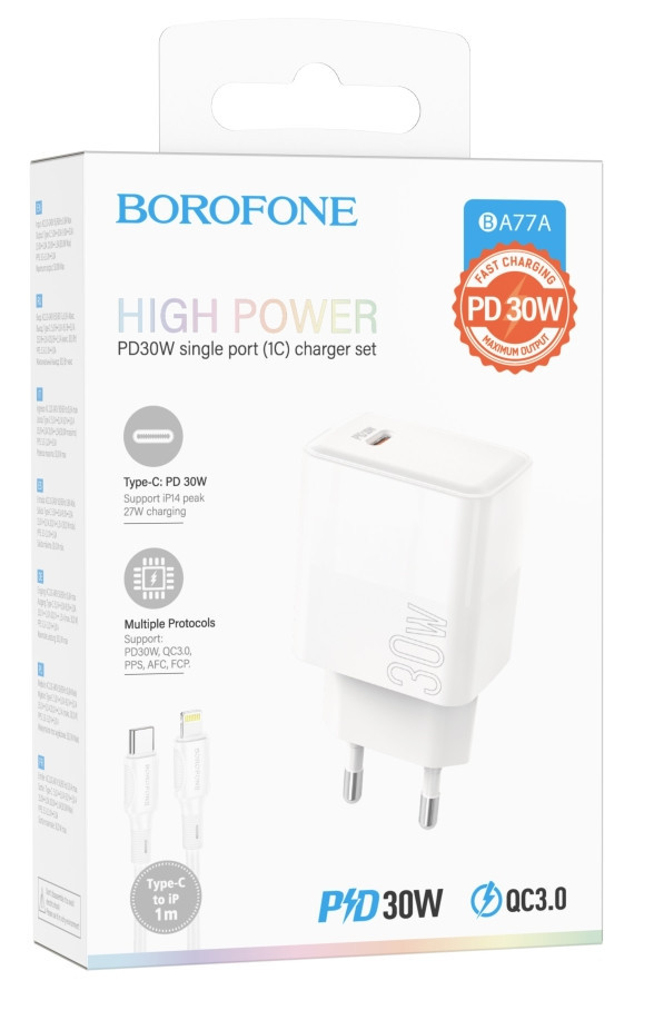 Мережевий Зарядний Пристрій Borofone BA77A Insightful PD/QC 30W Type-C to Lightning М'ята упаковка Бiлий