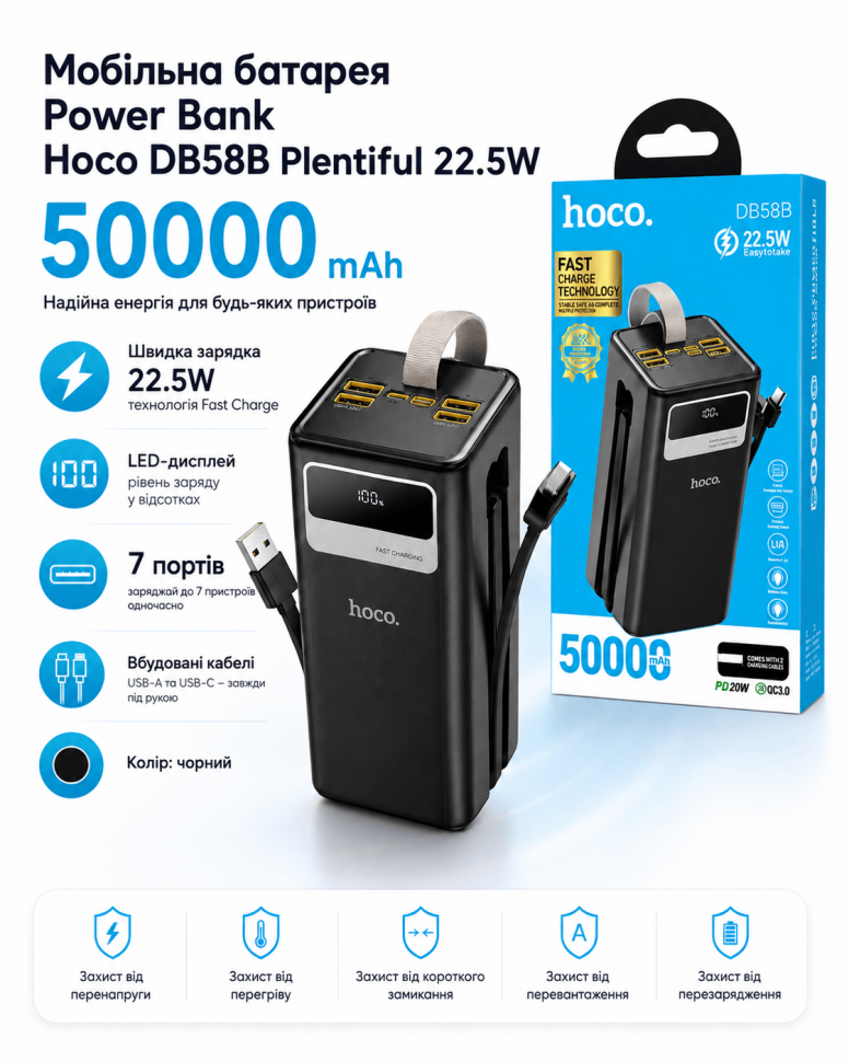 Універсальна Мобільна Батарея Power Bank Hoco DB58B Plentiful 22.5W fully compatible 50000mAh Чорний