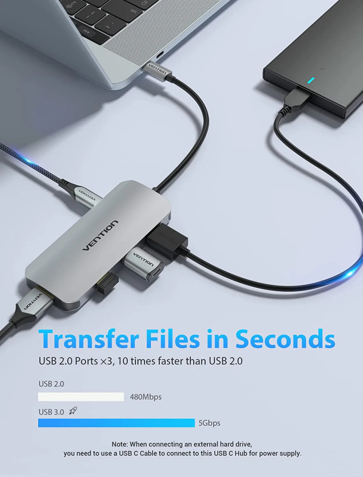 USB-хаб Vention USB-C to HDMI/USB 3.0x3/SD/TF/PD Docking Station Gray 0.15M Aluminum Alloy Type (TOJHB)