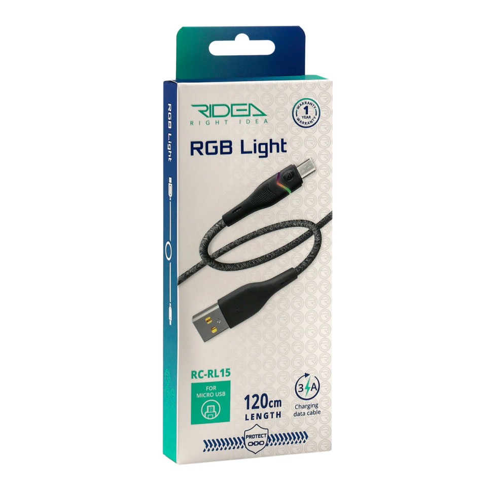 Кабель USB Ridea RC-RL15 RGB Light MicroUSB 3A 1.2m Чорний