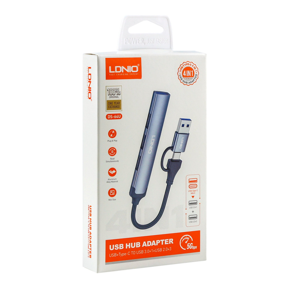 USB Hub LDNIO DS-64U USB-A+Type-C To USB3.0*1+USB2.0*3 Сiрий