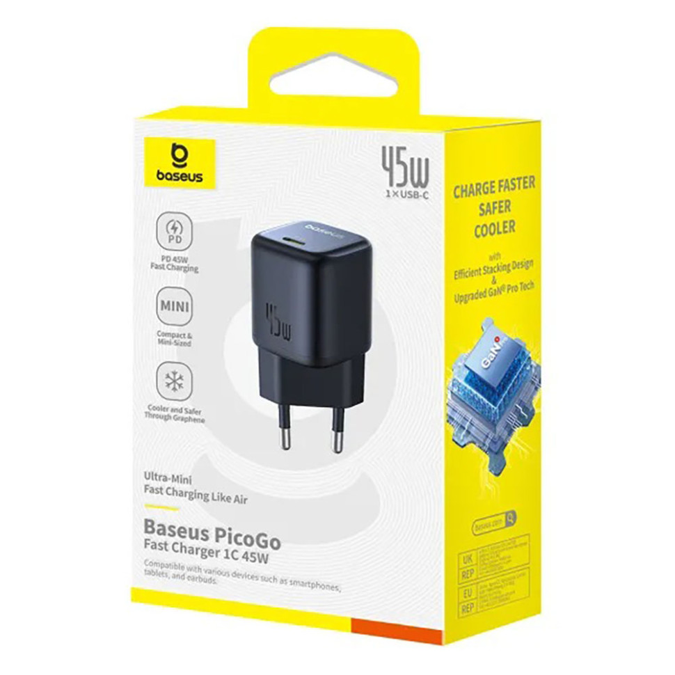 Мережевий зарядний пристрій Baseus PicoGo GaN (Type-C 45W) (колір чорний) Мережевий зарядний пристрій Baseus PicoGo GaN (Type-C 45W) (колір чорний)