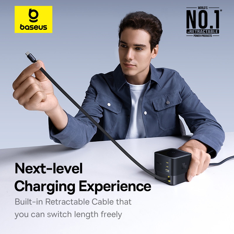 Мережевий зарядний пристрій Baseus Super GaN Desktop Charger with Retractable Cable 3C+U 100W EU Cosmic Black (P10164001123-00)