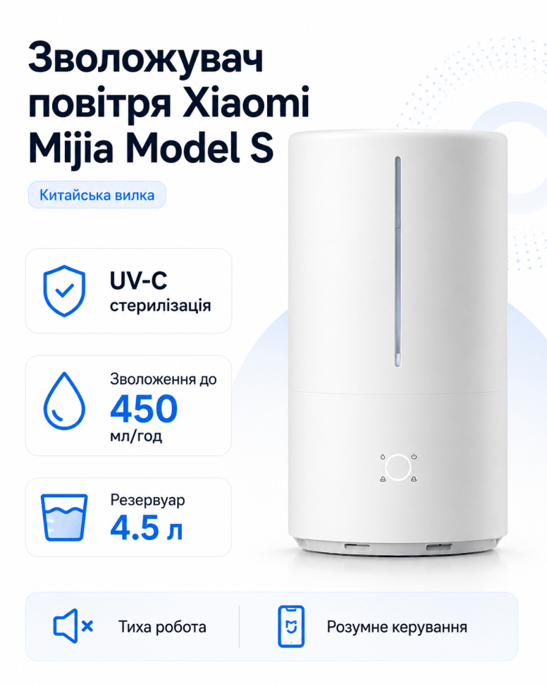 Зволожувач повітря Xiaomi Mijia Smart Sterilization Humidifier Model S (Китайська вилка) (MJJSQ03DY)