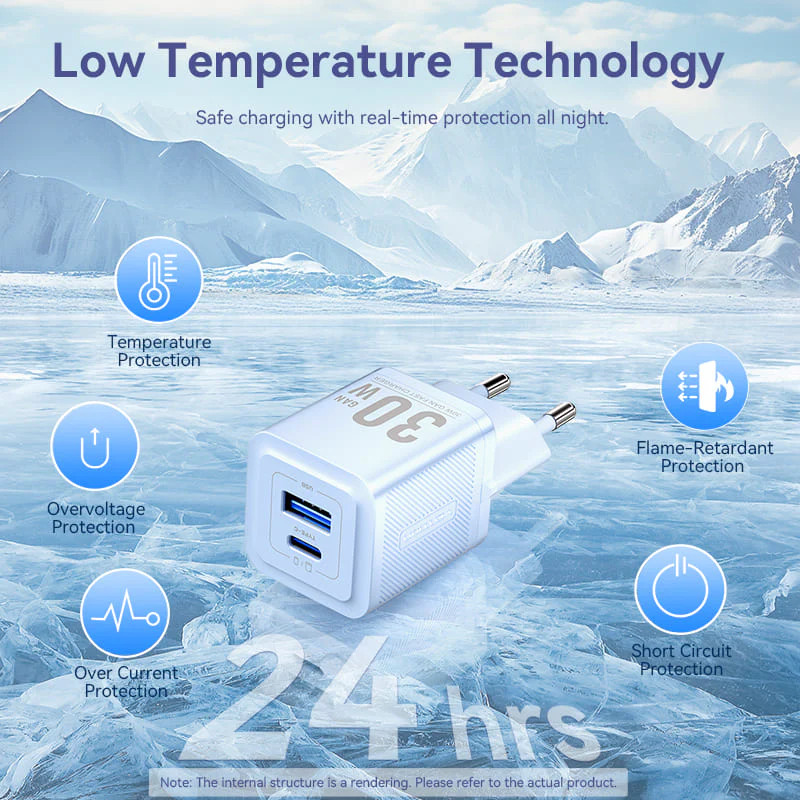Мережевий зарядний пристрій Vention 2-Port USB (C + A) GaN Charger (30W/30W) EU-Plug White (FEQW0-EU)