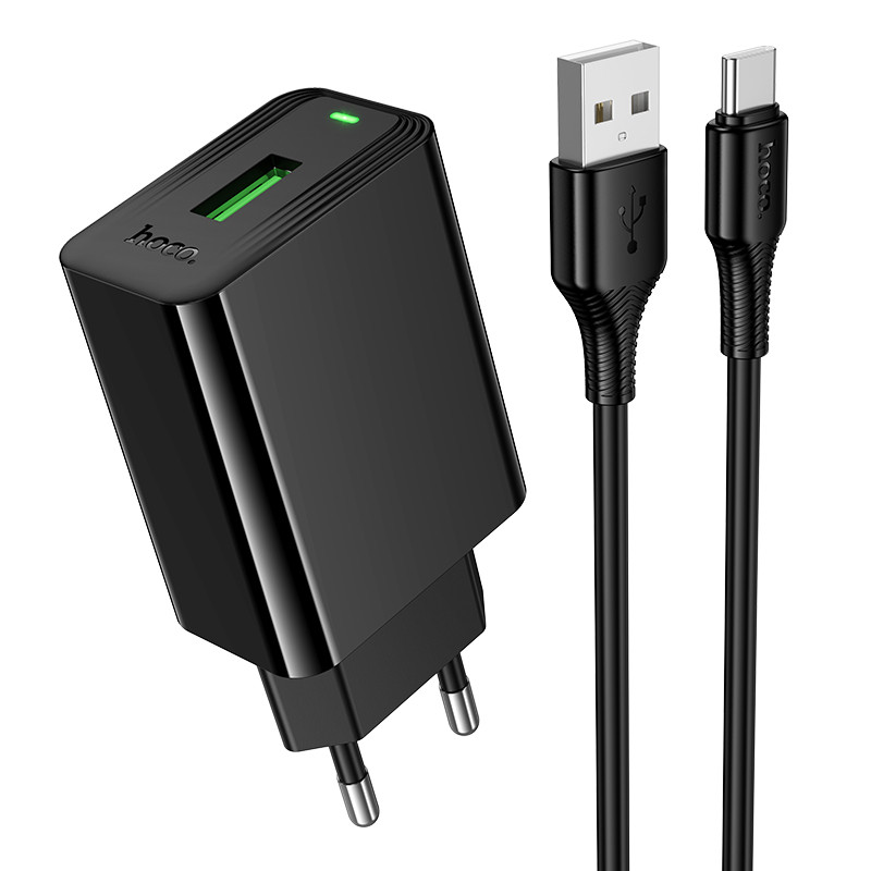 Мережевий зарядний пристрій HOCO CS92A Leader single port QC3.0 charger set(Type-C) Black (6942007671057)