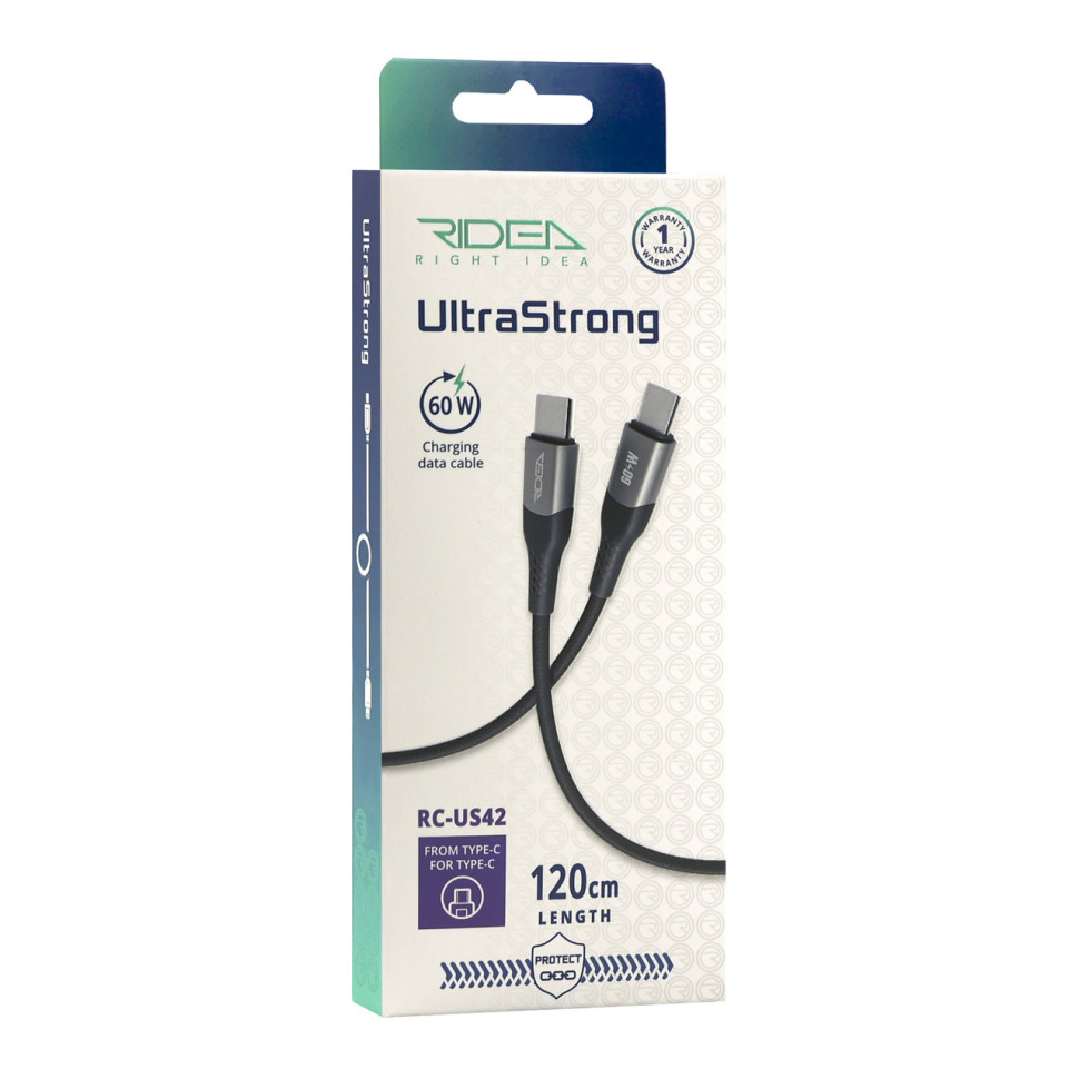 Кабель USB Ridea RC-US42 UltraStrong Type-C to Type-C 60W 1.2m Чорний