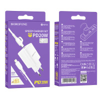Мережевий Зарядний Пристрій Borofone BA81A 1USB-C PD/QC 20W+Type-C to Lightning Бiлий