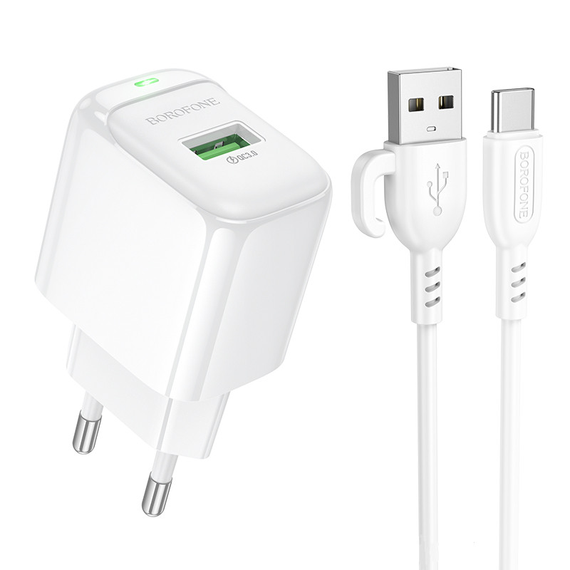 Мережевий зарядний пристрій з кабелем BOROFONE BAS42A Potential single-port QC3.0 charger set(Type-C) 18W White (6941991113802)