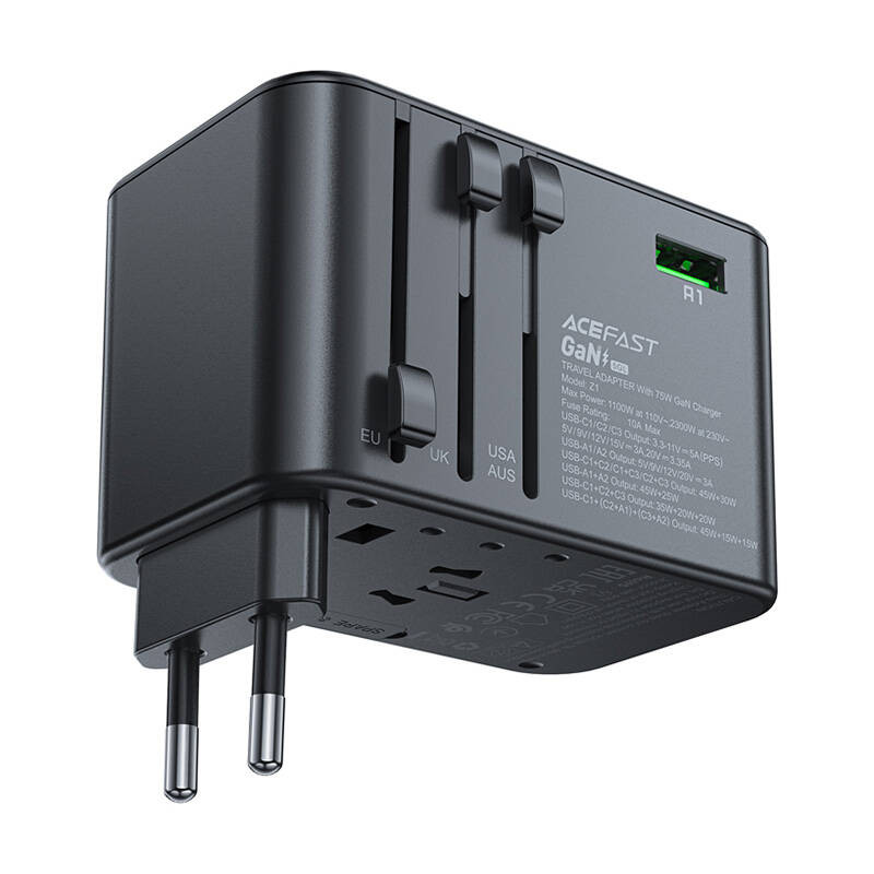УЗП ACEFAST Z1 PD75W GaN (3*USB-C+2*USB-A) multifunctional charging adapter Black (6974316282495)