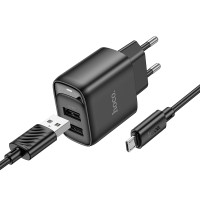 Мережевий зарядний пристрій з кабелем HOCO C141A Smart dual-port charger set(Micro) Black (6942007627887)