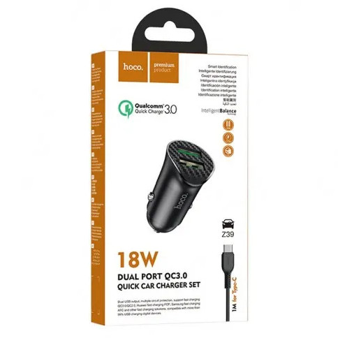 Автомобільний Зарядний Пристрій Hoco Z39 QC3.0 Type-C 2USB Чорний