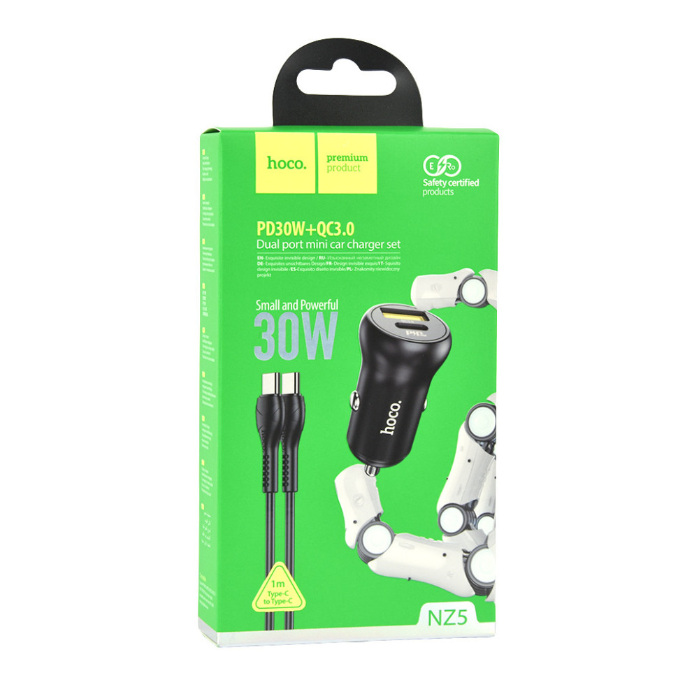 Автомобільний Зарядний Пристрій Hoco NZ5 Smooth road PD 30W+QC3.0 Type-C to Type-C Чорний